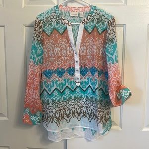 #47- Chicos Blue Orange Green Button Front Long Sleeve V-Neck Top Blouse Size 1